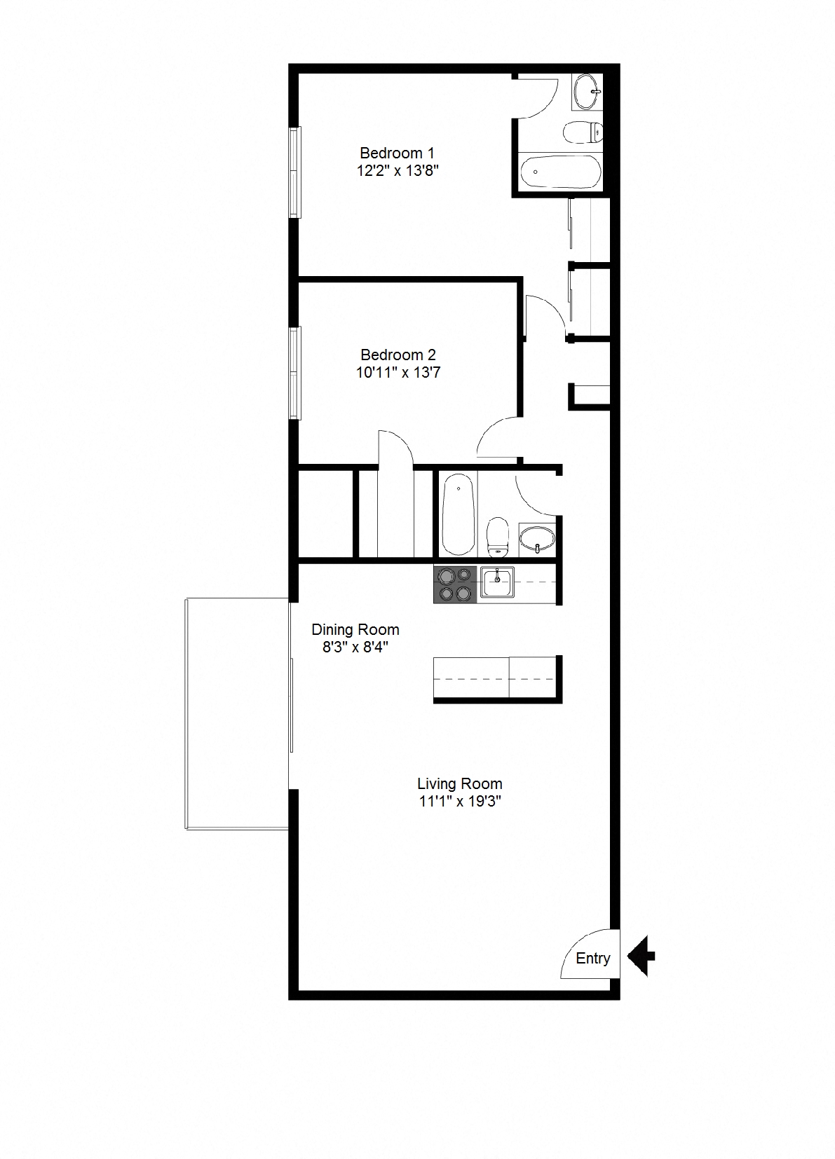 Floor plan for 2 beds, 2 baths, 1050 sqft